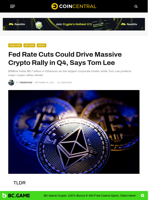 Fed Rate Cuts Could Drive Massive Crypto Rally in Q4, Says Tom Lee - CoinCentral