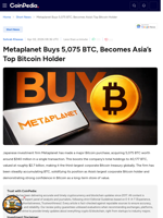Metaplanet Buys 5,075 BTC, Becomes Asia’s Top Bitcoin Holder