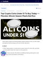Top Crypto Coins Under $1 To Buy Today — Monster Altcoin Season Meets Bull Run