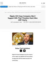 Ripple CEO Says Company Won’t Support Bills That Threaten Hard-Won XRP Clarity