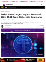 Tether Posts Largest Crypto Revenue in 2025: $5.2B From Stablecoin Dominance