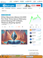 Ether Bounces Above $3,000 For First Time Since February Amid Strong ETF Inflows, Treasury Buying Spree ⋆ ZyCrypto