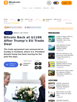 Bitcoin Back at $118K After Trump’s EU Trade Deal – Markets and Prices Bitcoin News