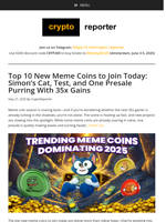 Top 10 New Meme Coins to Join Today: Simon’s Cat, Test, and One Presale Purring With 35x Gains