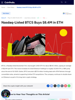 Nasdaq-Listed BTCS Buys $8.4M in ETH