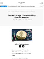 Tom Lee’s BitMine Ethereum Holdings Cross $1B Valuation