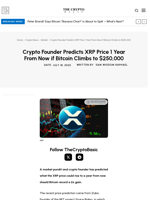 Crypto Founder Predicts XRP Price 1 Year From Now if Bitcoin Climbs to $250,000