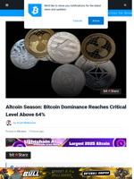 Altcoin Season: Bitcoin Dominance Reaches Critical Level Above 64% | Bitcoinist.com