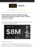 MemeBitcoin Raises $8M Strategic Round to Scale Its Public Race Toward Satoshi's Wallet