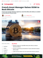 French Asset Manager Raises $53M to Back Bitcoin - Coinspeaker
