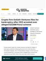 Crypto firm Goliath Ventures files for bankruptcy after CEO arrested over alleged $328M Ponzi scheme