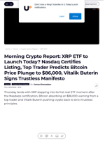 Morning Crypto Report: XRP ETF to Launch Today? Nasdaq Certifies Listing, Top Trader Predicts Bitcoin Price Plunge to $86,000, Vitalik Buterin Signs Trustless Manifesto - U.Today
