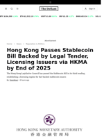 Hong Kong Passes Stablecoin Bill Backed by Legal Tender, Licensing Issuers via HKMA by End of 2025 - 