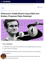 Ethereum’s Vitalik Buterin Says DAOs Are Broken, Proposes Major Redesign
