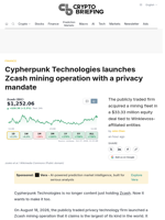 Cypherpunk Technologies launches Zcash mining operation with a privacy mandate