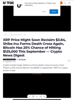 XRP Price Might Soon Reclaim $3.84, Shiba Inu Forms Death Cross Again, Bitcoin Has 25% Chance of Hitting $125,000 This September — Crypto News Digest - U.Today
