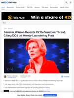 Elizabeth Warren Dismisses CZ’s Defamation Threat