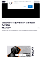 Satoshi Loses $20 Billion as Bitcoin Tumbles - U.Today