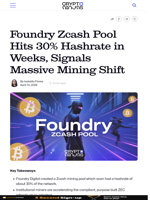 Foundry Zcash Pool Hits 30% Hashrate in Weeks, Signals Massive Mining Shift