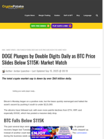 DOGE Plunges by Double Digits Daily as BTC Price Slides Below $115K: Market Watch