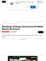 Breaking: Strategy Announces $1 Billion Bitcoin Purchase - U.Today