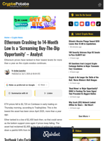 Ethereum Crashing to 14-Month Low Is a ‘Screaming Buy-The-Dip Opportunity’ - Analyst