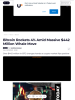 Bitcoin Rockets 4% Amid Massive $442 Million Whale Move - U.Today