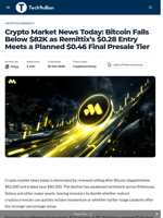 Crypto Market News Today: Bitcoin Falls Below $82K as Remittix's $0.28 Entry Meets a Planned $0.46 Final Presale Tier - TechBullion