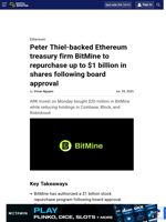 Peter Thiel-backed Ethereum treasury firm BitMine to repurchase up to $1 billion in shares following board approval