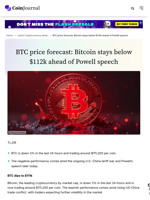 BTC price forecast: Bitcoin stays below $112k ahead of Powell speech