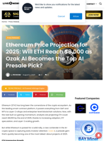 Ethereum Price Projection for 2025: Will ETH Reach $8,000 as Ozak AI Becomes the Top AI Presale Pick? | Live Bitcoin News