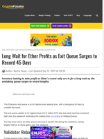 Long Wait for Ether Profits as Exit Queue Surges to Record 45 Days