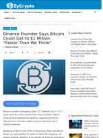 Binance Founder Says Bitcoin Could Get to $1 Million “Faster Than We Think” ⋆ ZyCrypto
