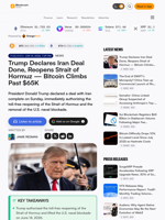 Trump Declares Iran Deal Done, Reopens Strait of Hormuz — Bitcoin Climbs Past $65K – Bitcoin News