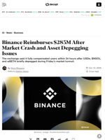 Binance Reimburses $283M After Market Crash and Asset Depegging Issues - Decrypt