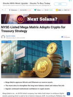 NYSE-Listed Mega Matrix Adopts Crypto for Treasury Strategy