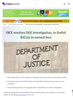OKX resolves DOJ investigation, to forfeit $421m in earned fees - CoinJournal