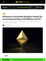 Ethereum Corporate Adoption Heats Up as Companies Buy $162 Million in ETH - CoinCentral