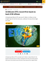 US Bitcoin ETFs Log First-Ever Back-to-Back $1B Inflows
