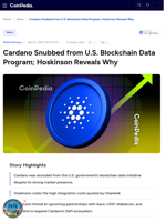 Cardano Snubbed from U.S. Blockchain Data Program; Hoskinson Reveals Why
