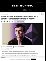 Vitalik Buterin Criticizes AI Nationalism as US Senator Pushes for 50% Stake in OpenAI
