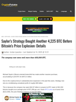 Saylor's Strategy Bought Another 4,225 BTC Before Bitcoin's Price Explosion: Details