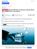 House GOP Blocks Crypto Week Vote, GENIUS Act Faces Delay