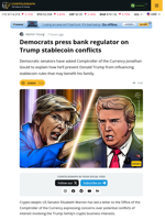 Warren Questions Crypto Regulator On Trump Family Conflicts