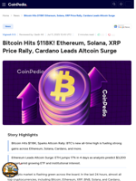 Bitcoin Hits $118K! Ethereum, Solana, XRP Price Rally, Cardano Leads Altcoin Surge