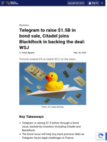 Telegram to raise $1.5B in bond sale, Citadel joins BlackRock in backing the deal: WSJ