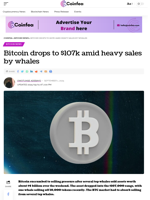 Bitcoin drops to $107k amid heavy sales by whales - Coinfea