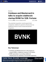 Coinbase and Mastercard in talks to acquire stablecoin startup BVNK for $2B: Fortune