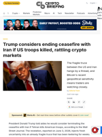 Trump considers ending ceasefire with Iran if US troops killed, rattling crypto markets