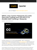 MEXC Lists Canton Network (CC) with Zero-Fee Trading and 333,433 CC & 25,000 USDT Airdrop+ Rewards